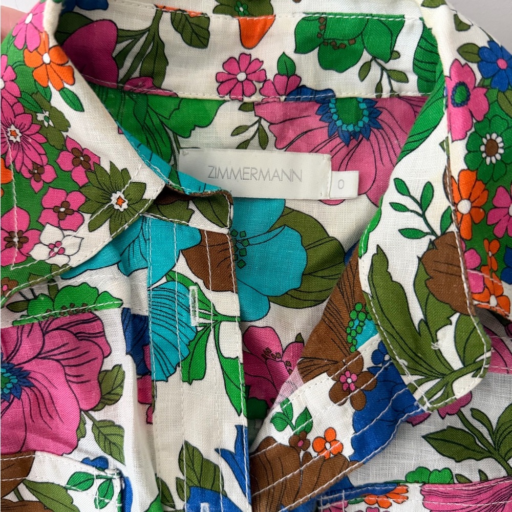 Zimmermann Floral Multicolor Linen Button-Up play suit romper with sash - Picture 2 of 7